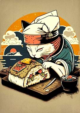 Cat Chef Preparing Sushi Roll