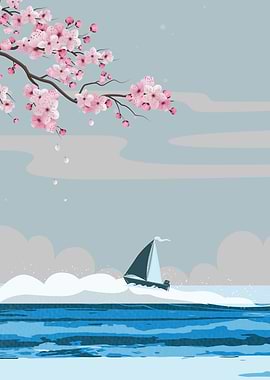 Sailboat with Cherry Blossoms Illustration