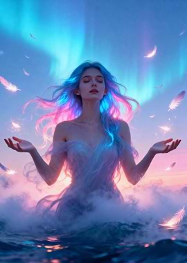 Ethereal Woman in Water with Feathers