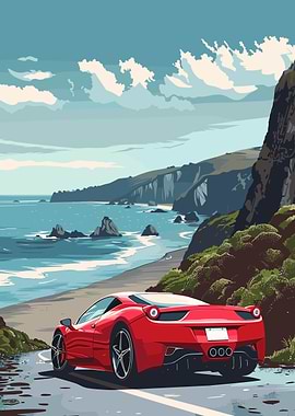 Red Sports Car Coastal Drive