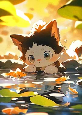 Cute Cat and Koi Pond
