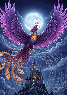 Purple Phoenix Over Castle