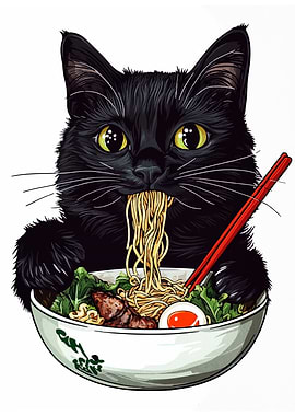 Black Cat Eating Ramen Illustration