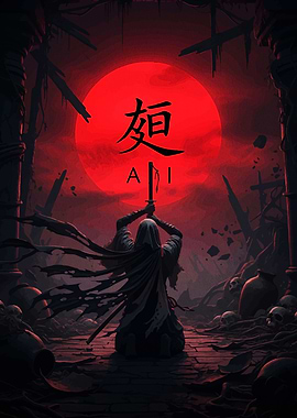 Dark Samurai with Red Moon