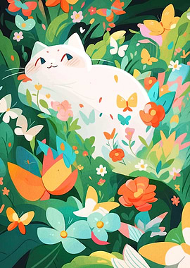 Cat in a Floral Garden
