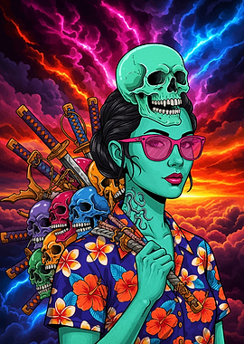 Skull Girl with Swords and Skulls