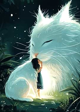 Girl and Giant White Cat Illustration