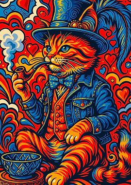 Psychedelic Cat Gentleman Smoking Pipe Art