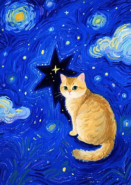 Cat in Starry Night Style