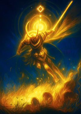 Golden Knight in Fiery Landscape
