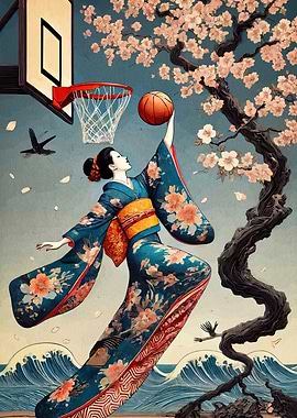 Kimono Basketball Player with Cherry Blossoms