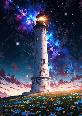 Lighthouse under a cosmic sky