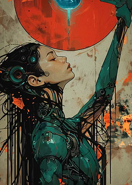 Cyborg Woman Reaching for Blue Orb
