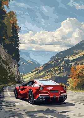 Red Sports Car in Mountain Landscape
