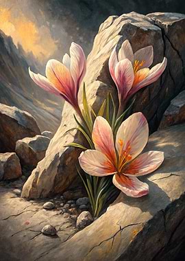 Crocus Flowers Among Rocks
