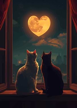Cats gazing at heart-shaped moon
