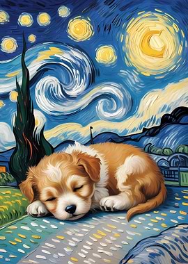 Puppy Sleeping Under Starry Night Sky