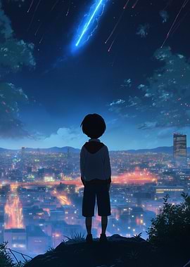 Boy watching meteor shower over city