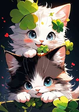 Two Cute Cats with Clovers