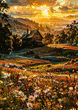 Cabin in a Floral Meadow at Sunset
