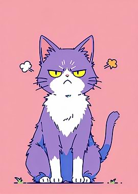 Grumpy Purple Cat Cartoon Illustration
