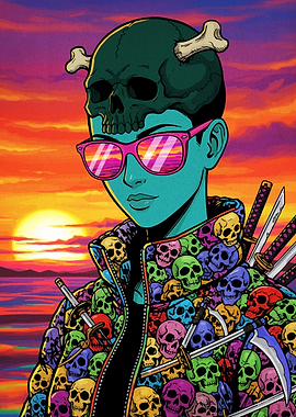Skull-Themed Character with Sunset Backdrop
