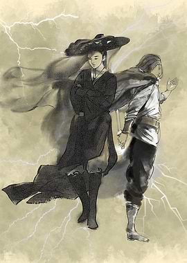 Two figures in a stormy landscape