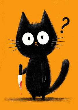 Cartoon Black Cat with Bloody Knife