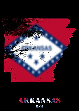 Arkansas USA State Topographic Contour Relief Map blending terrain features into its emblematic colorful flag