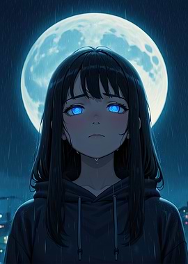 Anime Girl in Rain with Moon