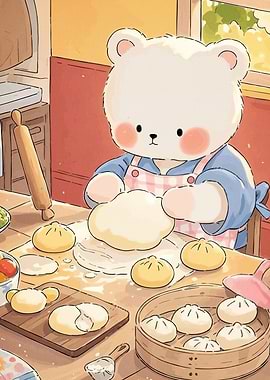 Bear Baking Dumplings Kitchen
