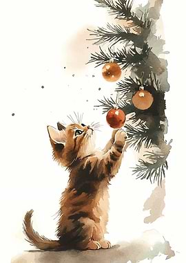Watercolor Kitten with Christmas Ornaments