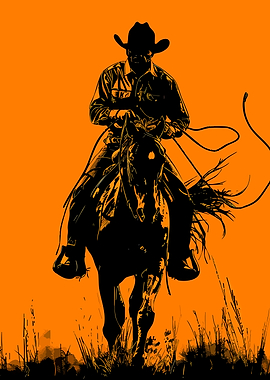 Cowboy Riding Horse Silhouette on Orange