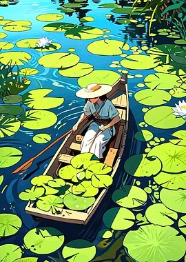 Woman Rowing Boat Lily Pond