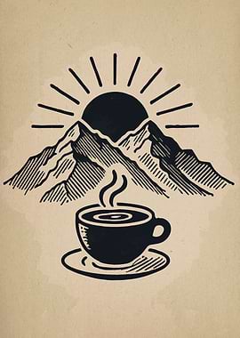 Coffee, Mountains, and Sunrise Illustration