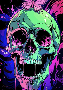 Neon Skull with Butterfly Art
