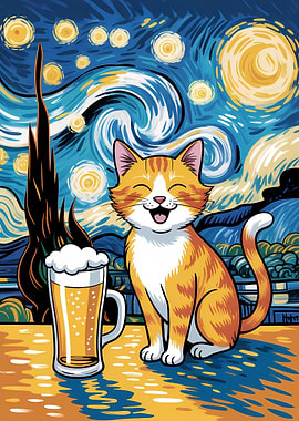 Cat with Beer in Starry Night