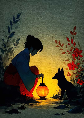 Girl with Lantern and Fox