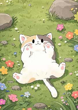 Cute Cat Relaxing in Flower Meadow