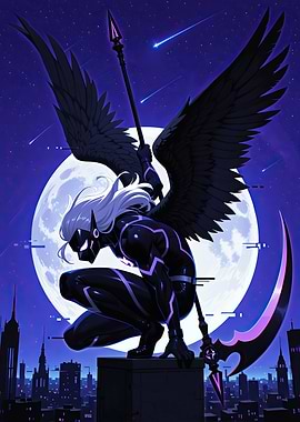 Winged hero with Scythe over City