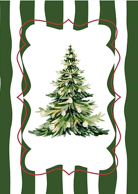 Watercolor Christmas Tree with Striped Background