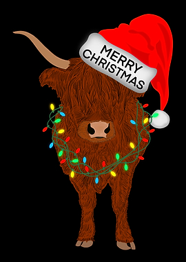 Christmas Highland Cow with Santa Hat