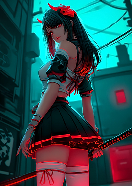 Anime Girl with Katana and Horns