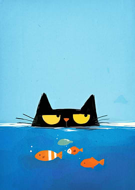 Black Cat Underwater with Fish