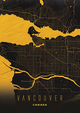 Vancouver, Canada - Minimalist Golden Pacific City Map Art
