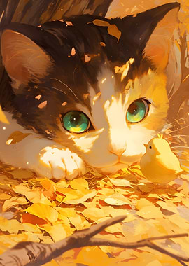 Cat and Chick in Autumn Leaves