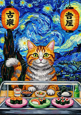 Van Gogh Style Cat Sushi Restaurant