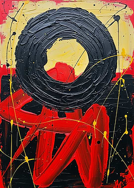Abstract Painting: Black Circle and Red Strokes