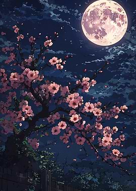 Cherry Blossoms Under Moonlight