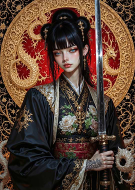 Asian Woman with Sword and Dragon
